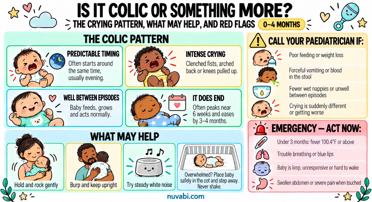 Baby colic guide showing the common crying pattern, calming steps, and warning signs