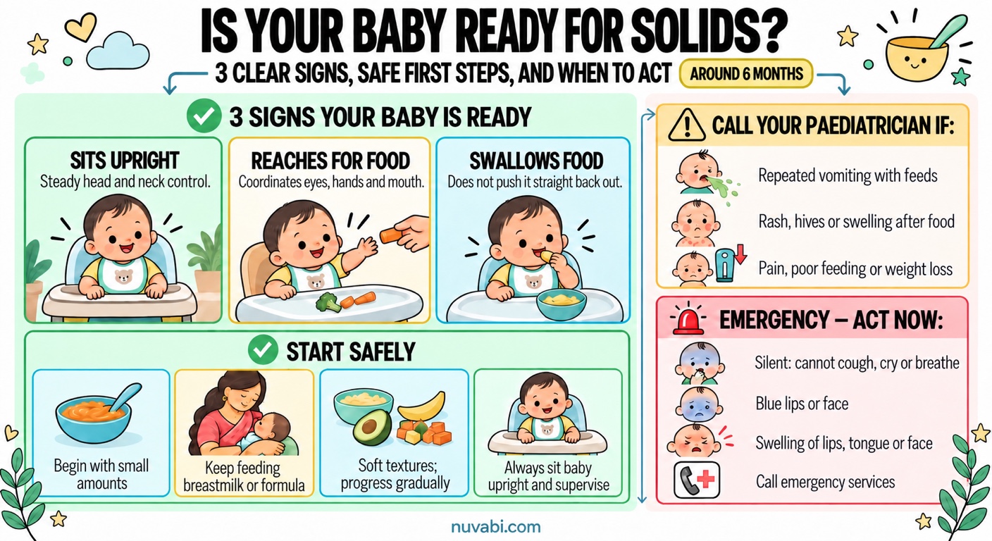 Starting solid foods around 6 months: readiness signs and when to act — infographic by Nuvabi